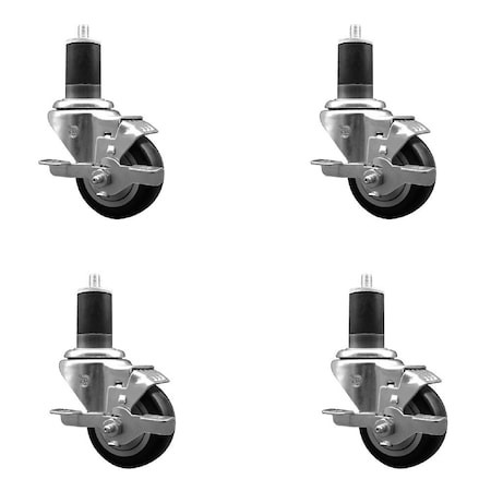 Service Caster 3'' Black Poly Swivel 1-5/8'' Expanding Stem Caster Set with Brake, 4PK SCC-EX20S314-PPUB-BLK-TLB-158-4